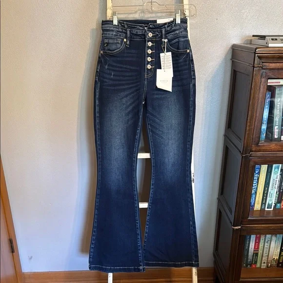NWT KanCan Women's High Rise Bellbottom Flare Jeans in Dark Blue - Picture 1 of 12